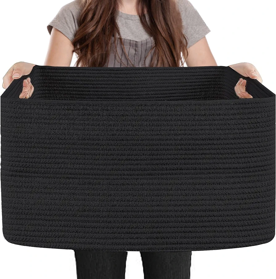 Extra Large Rectangle Storage Basket, 23.6" x 15.7" x 14.1" Black Blanket Basket Storage for Living Room, Large Soft Woven Cotton Rope Basket, Kids Toy Baskets Organizer Bins, Wicker Basket