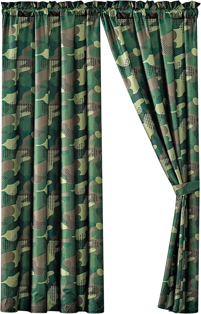 WPM Kids Collection Bedding 4 Piece Military Green Curtain Set with 2 Panel and tiebacks Boys Army Green Desert Camouflage Uniform Design(Camouflage Military)