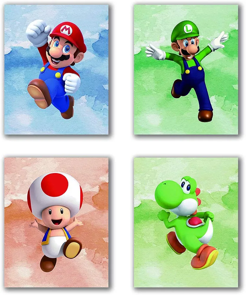 N/Y Super Mario Art Prints Toad, Wall Art Game Room Decor Birthday Room Painting Set of 4 Pieces (8”X10”Canvas Picture), Frameless