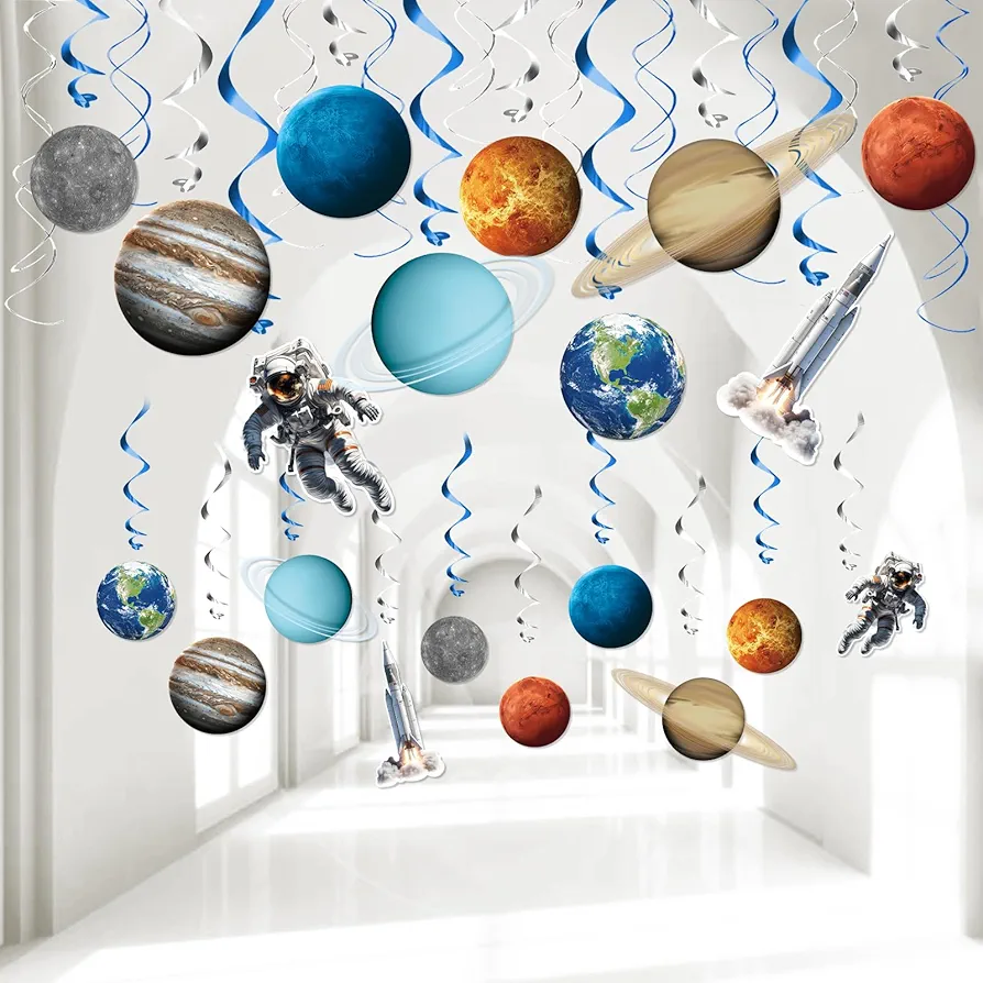 30 Pcs Space Themed Party Decorations Solar System Hanging Swirl Decorations Outer Space Party Supplies Planets Rockets Astronauts Sign for Kids Boys Galaxy Birthday Party favors Science Classroom