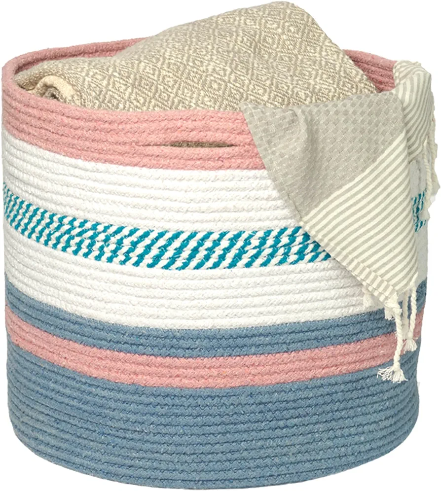 Large Recycled Cotton Rope Basket - Blanket Storage Basket, Pillows, Toys, Towels, Laundry and Living Room Organization - 15.8x13.8 Inches - Eco-friendly & Decorative Basket, Blue & Pink