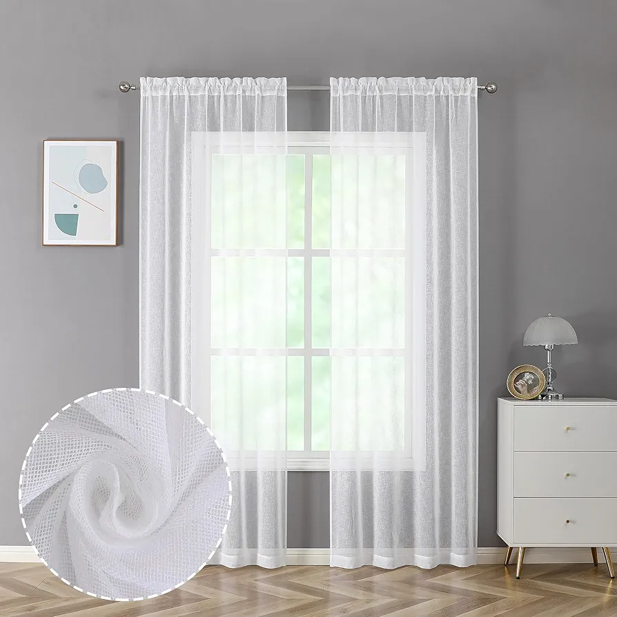 Dianna Faux Linen White Sheer Curtains 72 Inches Long 2 Panels, Light Filtering Slub Textured Breathable Rod Pocket Curtain Drapes for Farmhouse Living Room Bedroom, Each 40Wx72L Inch