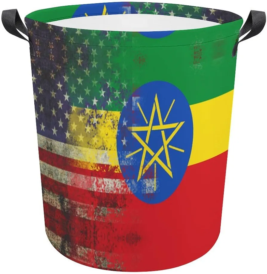 Retro American Ethiopian Flag Foldable Oxford Cloth Laundry Hamper Waterproof Laundry Basket for Bathroom, Bedroom, Laundry Room - 17.3 X 17.3 Inch