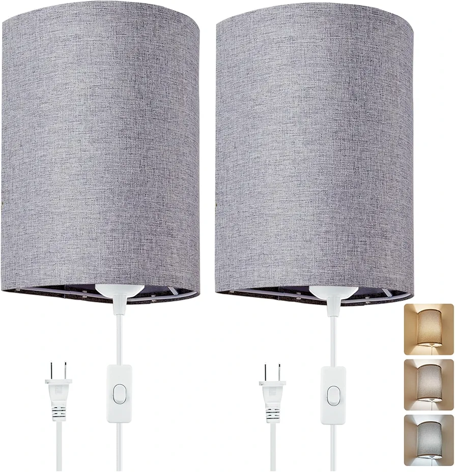 Wall Sconces Set of 2, Plug in Wall Sconces with On/Off Switch, 3-Color Selectable (3000K/4000K/6000K), Fabric Linen Lamp Shades, No Wiring Required, Ideal for Bedroom, Living Room, and Porch (Grey)