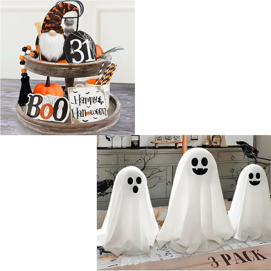 Halloween Decorations Indoor - Set of 3 DIY Spooky Ghosts Decor - BOO Happy Halloween Wooden Signs - Cute Gnomes Plush and Bead Garland - Farmhouse Rustic Tiered Tray Decor Items for Home Table Room