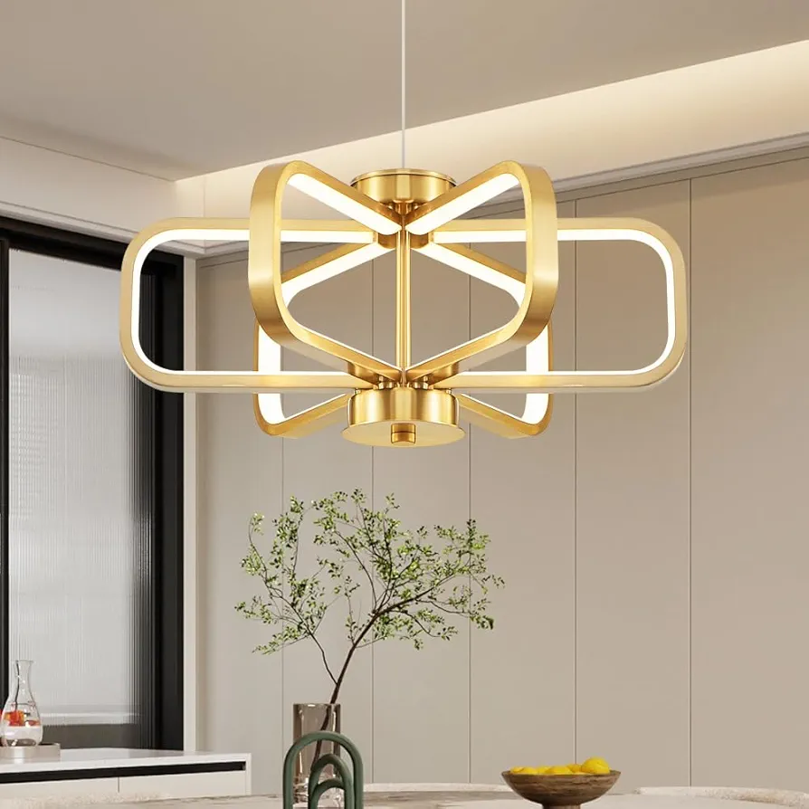 Modern Chandelier for Dining Room Gold LED Dimmable Chandelier Light Fixture, Height-Adjustable, 3000K Warm Light 6 Square Large Chandelier for Kitchen Island, Foyer, Entryway, Stairway