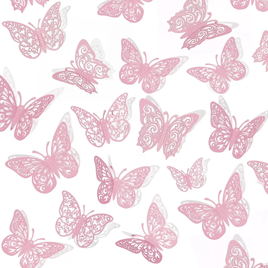 Crosize 72Pcs Pink 3D Butterfly Wall Decor 3 Sizes Butterfly Decorations Butterfly Party Cake Decorations 3D Butterfly Stickers Decals for Girls Kids Baby Bedroom Bathroom Living Room Birthday