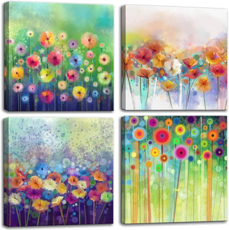 Abstract Floral Canvas Wall Art, Colorful Flowers Artwork Painting Prints Modern Watercolor Pictures Framed for Living Room Bedroom Bathroom Office Home Decor - 12"x12"x4 panel