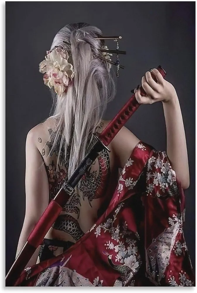 Sexy Girl Tattoo Art Poster Japanese Female Samurai Poster Canvas Wall Art Posters For Room Aesthetic And DecorCanvas Painting Wall Art Poster for Bedroom Living Room Decor 24x36inch(60x90cm) Unframe-