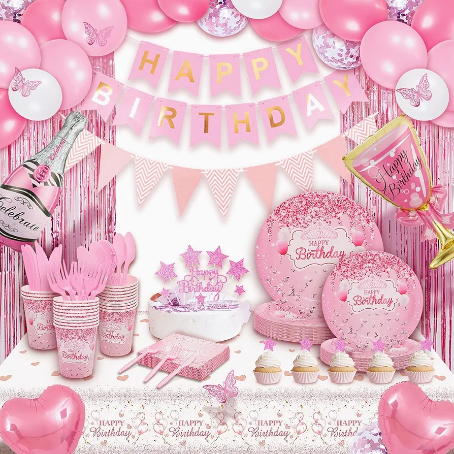 Party Spot! Pink Birthday Party Decorations Set, All in One Kit With Balloons, Banners, 12 Tableware Sets, Tablecloth,Paper Plates,Cake Toppers,Cups, Napkins,Tools,Pump Party Supplies for Women Girls