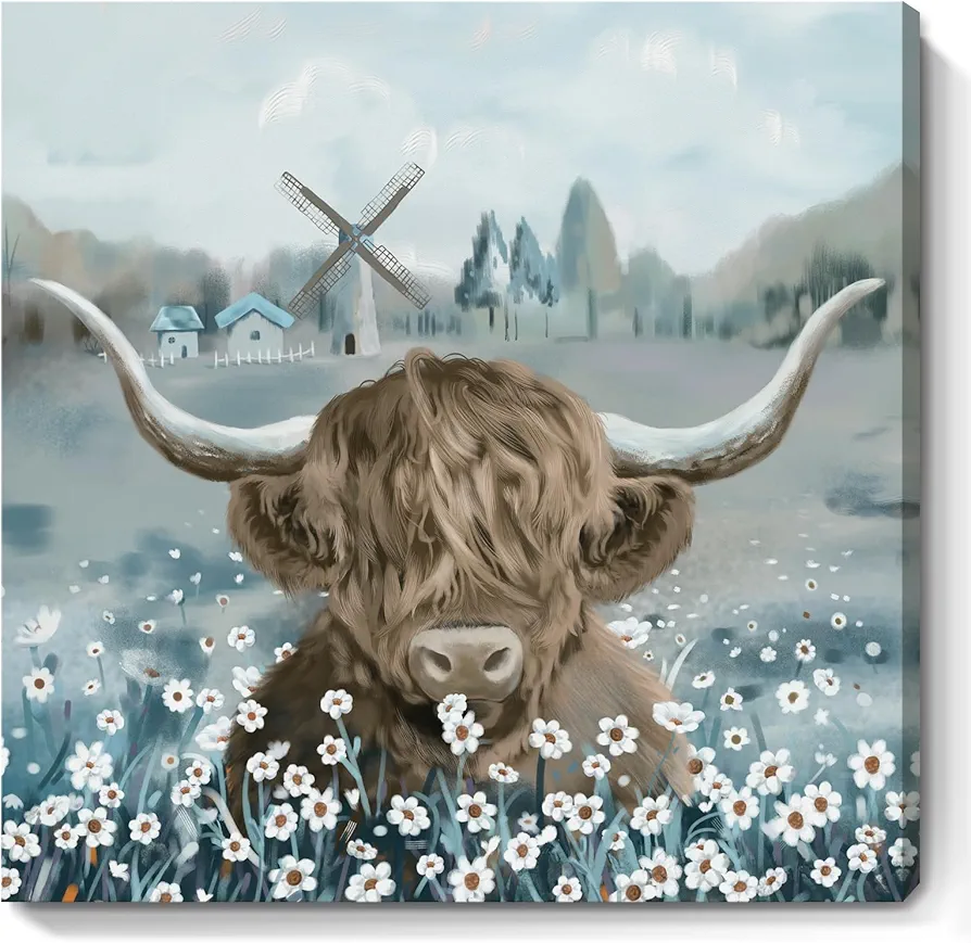 Highland Cow Canvas Wall Art for Living Room Rustic Countryside Farmhouse Landscape Picture Animal Print Painting Cattle in the White Daisy Flower Bush Framed Artwork for Bedroom Office 24x24inch