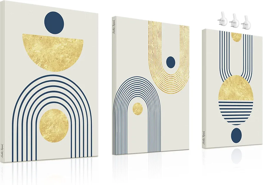 Boho Wall Art Set of 3 Mid Century Modern Wall Decor, Boho Art Wall Decor, Bohemian Wall Decor, Abstract Wall Art, Modern Wall Art, Boho Wall Decor for Bedroom, Living Room, Office 12"x16" Gold