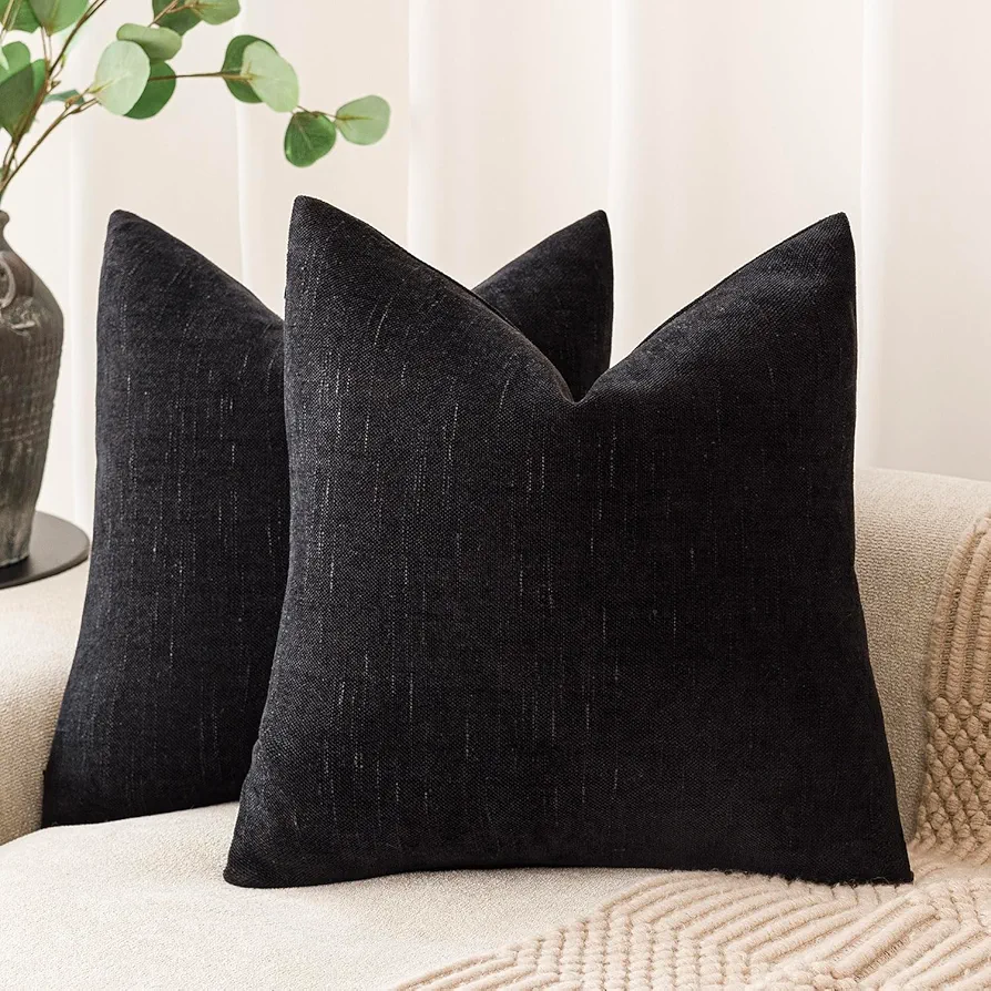 Foindtower Pack of 2 Soft Textured Chenille Throw Decorative Pillow Covers Square Accent Solid Cushion Cover Cozy Farmhouse Pillow Case with Zipper for Couch Sofa Bedroom Living Room 24x24 Inch, Black