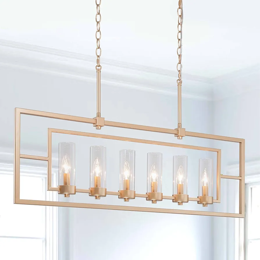 Gold Chandelier, 6-Light Dining Room Light, 37" Modern Farmhouse Chandelier for Kitchen Island with Glass Shades