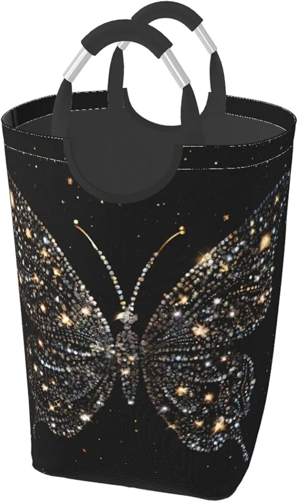 Laundry Basket Collapsible Clothes Hamper for Dirty Clothes, Laundry Bag with Handles Blanket Toys Storage Blanket, Dorm Room Essentials Accessories - Rhinestone butterfly, Black