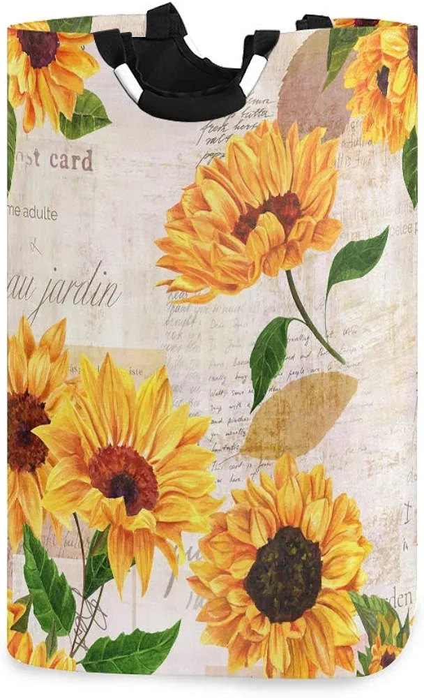 Yellow Watercolor Sunflowers Laundry Basket| Storage Basket with Handles | Decorative Blanket Basket for Living Room and Laundry