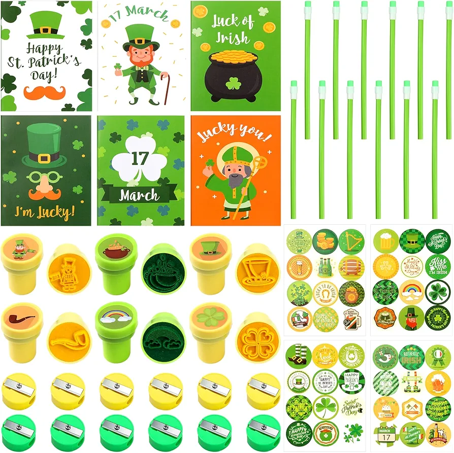 St Patricks Day Party Favors Shamrock St. Patrick's Gift Bag Fillers for Classroom Stationery Supplies St Patricks Day Pencils Stamps Stickers Sharpeners Notebooks for Irish Party Prize