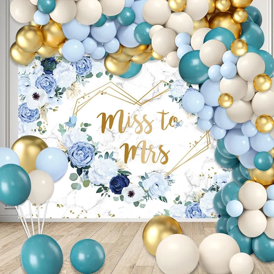 Miss to Mrs Backdrop with 165pcs Balloons Arch Kit Blue Bridal Shower Photography Background Peacock Blue Sand White Gold Balloons Decor Bride to Be Decor Engagement Photo Studio Props (7x5ft)