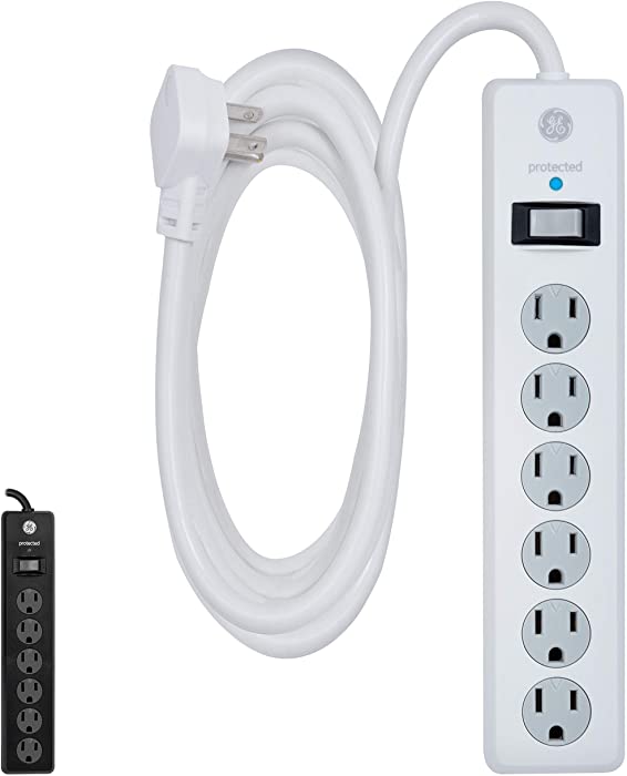 GE 6-Outlet Surge Protector, 10 Ft Extension Cord, Power Strip, 800 Joules, Flat Plug, Twist-to-Close Safety Covers, UL Listed, White, 14092