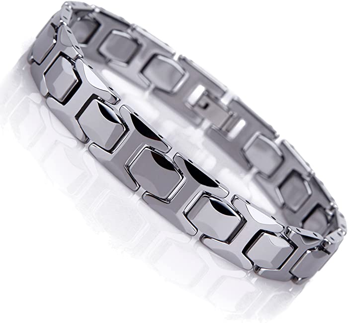 Urban Jewelry Stunning Solid Tungsten Link Bracelet for Men Polished Pyramid, Puzzle, Ceramic Style (Silver, Black Option)