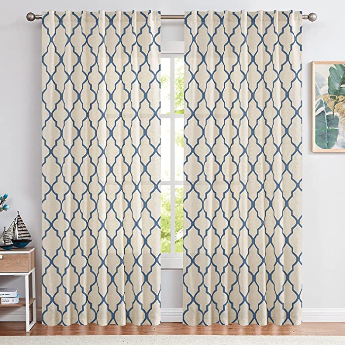 jinchan Linen Curtains for Living Room Back Tab Curtain Moroccan Print Bedroom Drapery Dining Room Light Filtering Flax Textured Rod Pocket Window Treatment 95 Inch Length 2 Panels Blue on Beige