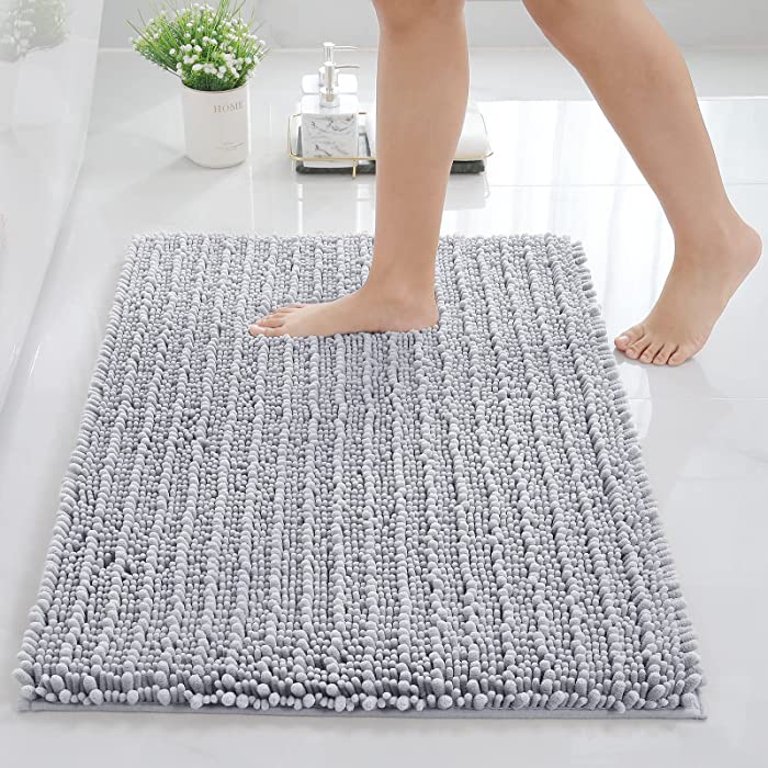 Arotive Luxury Chenille Bathroom Rug Mat, Extra Soft Thick Absorbent Shaggy Bath Rugs, Non-Slip Machine Wash Dry Plush Bath Mats for Bathroom, Tub, and Shower (20''x32'', Light Grey)