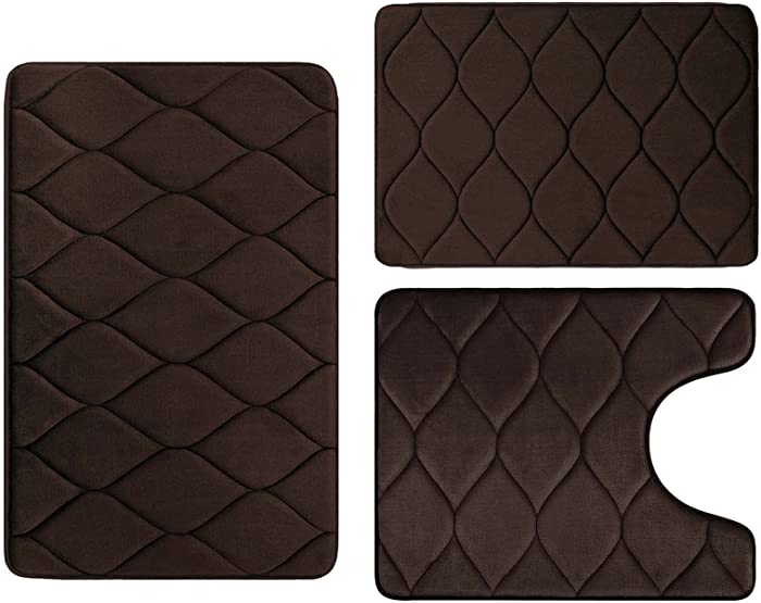 Colorxy Memory Foam Bathroom Rugs - Water Absorbent, Super Soft Non-Slip Bath Mat, Washable Ogee Design Bathroom Mat Set of 3, Small/Large/Contour, Coffee