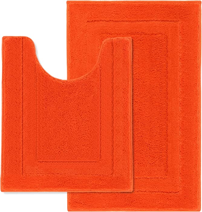 SHACOS Bathroom Rugs Set of 2 Non Slip Bath Mat U Shape Toilet Mat Absorbent Soft Plush Shower Rug Toilet Rug Washable (20"x24"+20"x32",Orange)