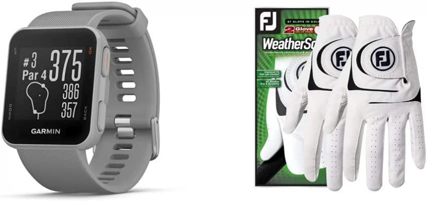 Garmin Approach S10, Lightweight GPS Golf Watch, Powder Gray & Footjoy Men's WeatherSof 2-Pack Golf Glove White Medium/Large, Worn on Left Hand