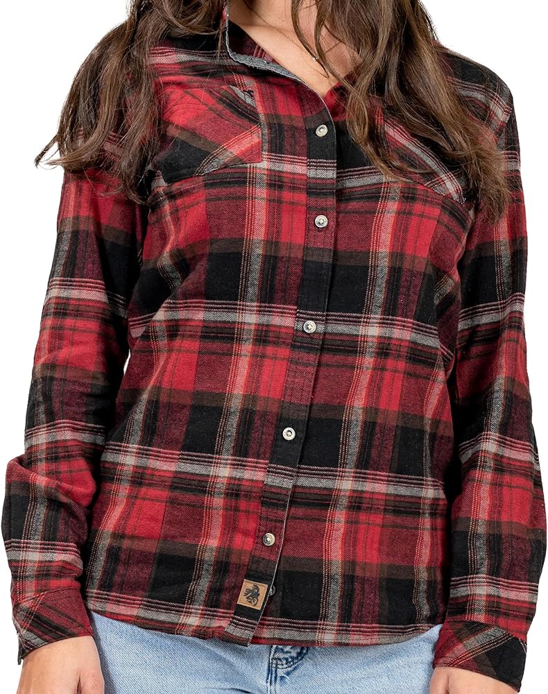 Legendary Whitetails Womens Cottage Escape Flannel Long Sleeve Plaid and Solid Color Clothes, Fitted Button Down