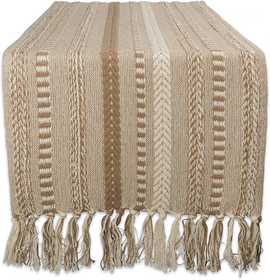 DII Farmhouse Braided Stripe Table Runner Collection, 15x72 (15x77, Fringe Included), Stone