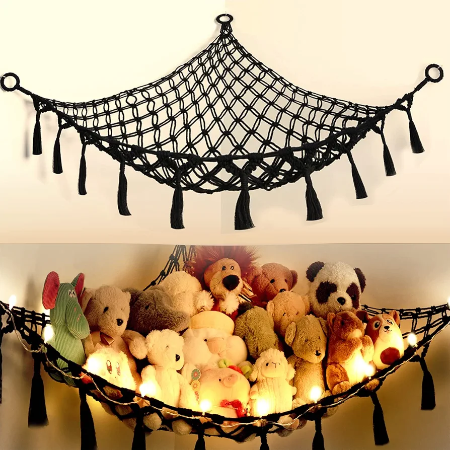 Cotton Stuffed Animal Organizer, Handmade Macrame Hanging Net Hammock for Toy Storage, Boho Decor Room Holder, Triangular, Black, Large, 57x42 inches, 10 lbs Capacity