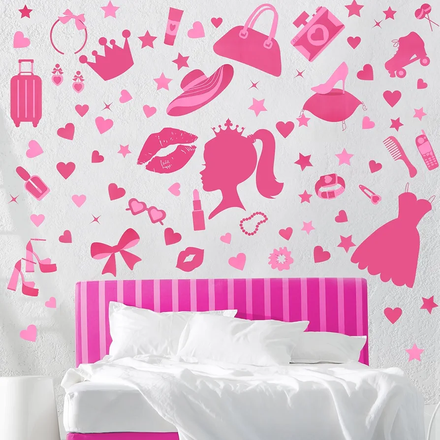 85 Pcs Pink Girls Room Wall Decals Hot Pink Peel and Stick Princess Wall Stickers Cute Star Heart Decorations Pink Wall Stickers for Bedroom Birthday Party Kids Baby Nursery Decor 9 Sheets