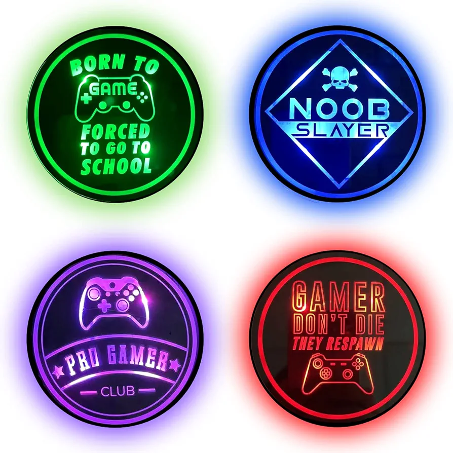 Gaming Coasters by Dreamcontroller USB Rechargeable LED Coaster for Gamer Room Decor- Light up Coasters for Gaming Desk Decor, Nerd Decorations, Nerdy Man Cave Decor 3.7" Anime Coasters for Gamer Gift