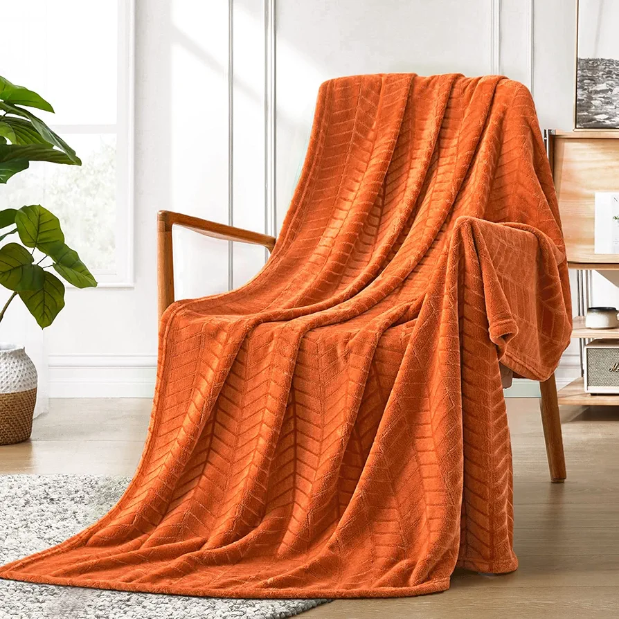 soft brushed flannel throw blanket burnt orange fleece blankets chevron pattern for sofa, chair, couch - fluffy warm cozy decorative blanket (50x60 inches) for adults and kids