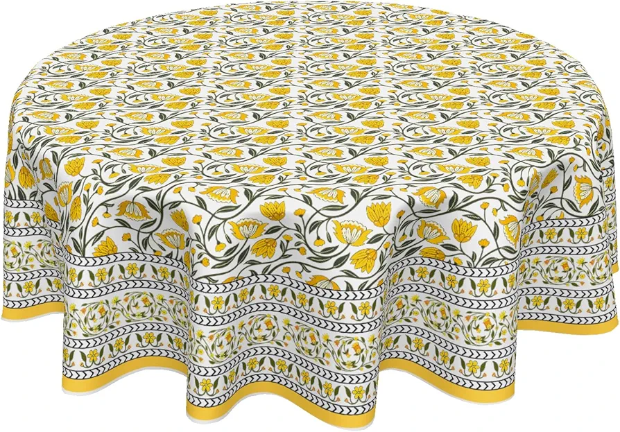 Yellow Floral Tablecloth Round 60 Inch Spring Summer Yellow Table Cloth Boho Vintage Flower Decorative Outdoor Table Cover for Dining Room Kitchen Holiday Party Picnic Home Decor