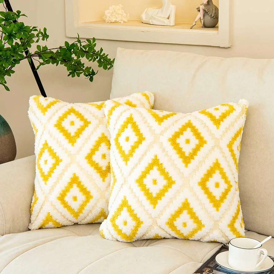 WACOMECO Faux Fur Throw Pillow Covers, Set of 2 Soft Plush Decorative Pillowcases for Sofa Couch Living room Bed, 18x18 Inch, Yellow