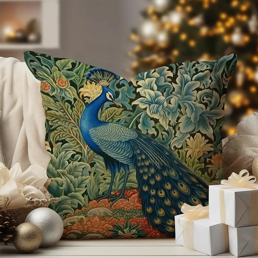 Asian Style Chinoiserie Throw Pillow Cushion Aqua and Green Peacock Decorative Pillow Covers Watercolor Chinoiserie Bird and Flower Throw Pillows with Zipper for Living Room 20x20in