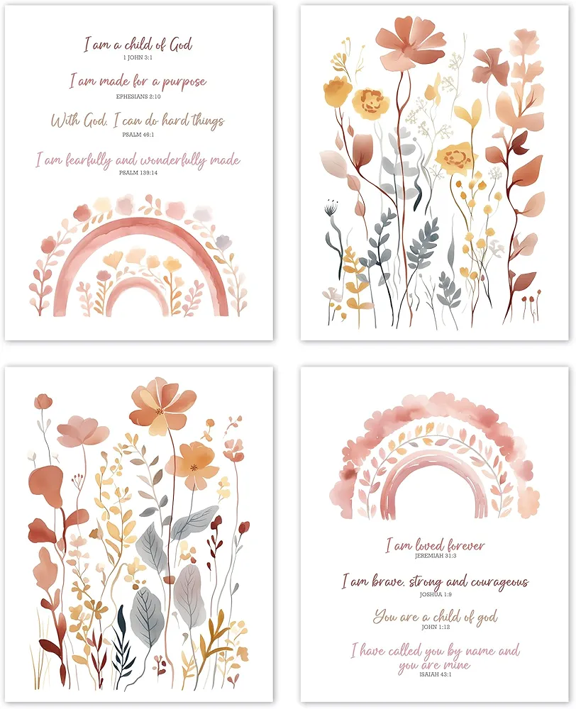 TLESKE Boho Christian Floral Posters Prints Unframed 4pcs, Flower Bible Verse Wall Art Prints for Wall Decor, Scripture Wall Art Decor for Girls Dorm Room Classroom Nursery, Religious Gifts 8x10in