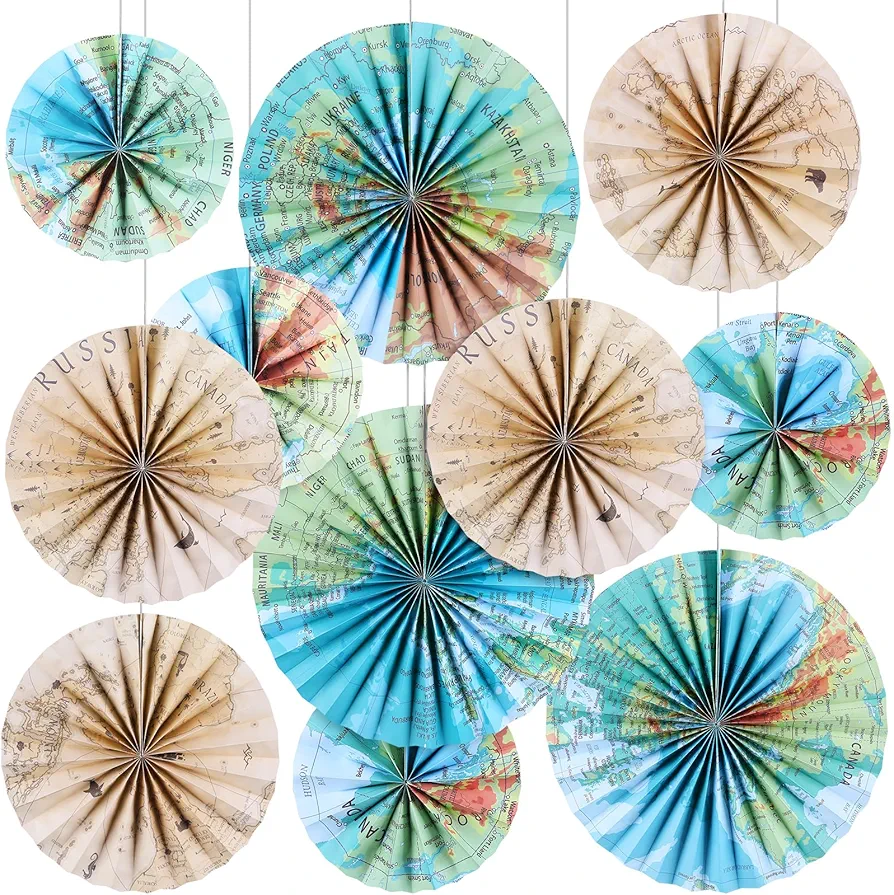 Weekgrat 18 Pcs Travel The Map Hanging Paper Fans Decor Back to School Paper Fans Adventure Round Paper Garlands Bulletin Board Classroom Decorations for Party Supplies Classroom Decor