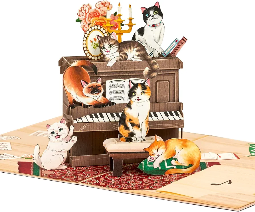 Lovely Cats on Piano Pop Up Card, Lovely, Funny, Cute, Living Room, Cat Themed, 3D Greeting Card, Ideal Gifts for Cat Lover, Birthday, Valentines, Fathers Day, Kids, 5x7