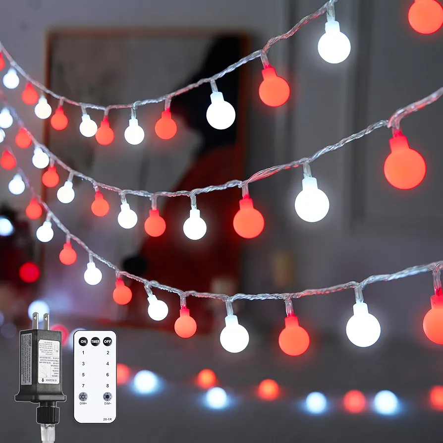 JMEXSUSS 100 LED Connectable Globe String Lights Indoor Bedroom, 33ft Red and White String Lights with Remote Plug in, 8Mode Christmas Lights Outdoor Waterproof for Party Room Christmas Decorations