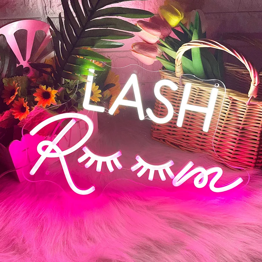 HDJSIGN Lash Room Neon Sign Eyelashes Light Pink Glow LED Sign USB Powered Neon Light for Lash Room Decor Girls Make up Beauty Room Decor Home Wall Decor Birthday Wedding Party Gift for Girls