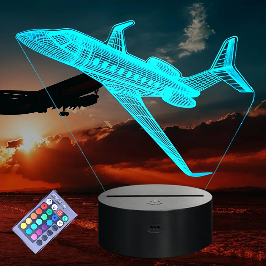 Airplane Model Gifts, Aviation Night Light, Airplane 3D Illusion Lamp with Remote and Touch Control 16 Colors Changing for Airplane Decor for Pilot Men Boy Kids Room, Birthday, Xmas Gifts