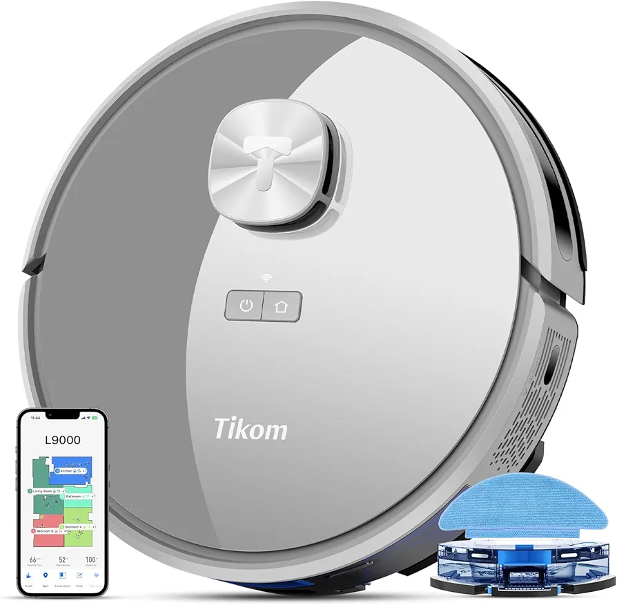 Tikom Robot Vacuum and Mop Combo L9000, LiDAR Navigation, 4000Pa Robotic Vacuum Cleaner, Up to 150Mins, Smart Mapping, 14 No-go Zones, Good for Pet Hair, Carpet, Hard Floor, Gray