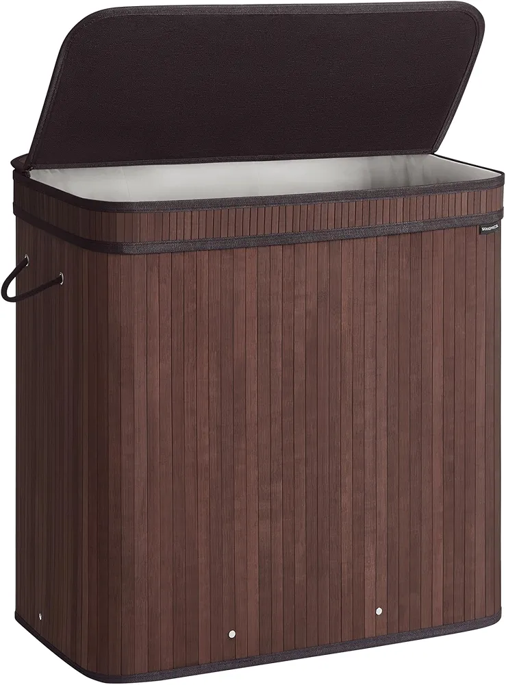 SONGMICS Laundry Hamper with Lid, Bamboo Laundry Basket, Removable Machine Washable Laundry Basket, with Handles, 39.6-Gallons, for Laundry Room, Bedroom, Bathroom, Chestnut Brown ULCB062K01