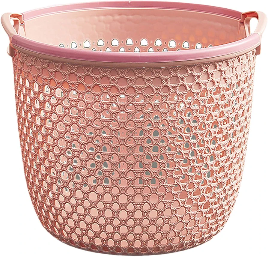 Laundry Basket with Handle, Plastic Hamper for Clothes,Hollow Dirty Clothes Hamper, Portable Round Bin, Washing Clothing Storage Bin for Bathroom Laundry Room (Pink)