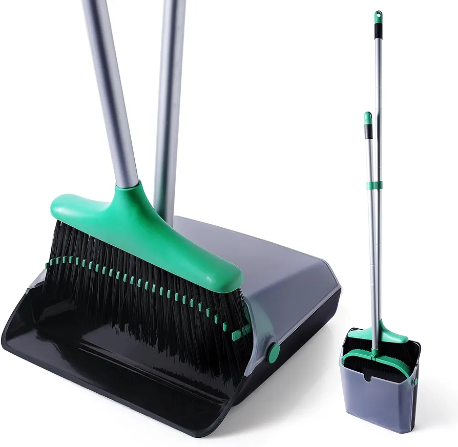 Eyliden Stand Up Dustpan Broom Combo, Broom and Dustpan Set with Long Handle for Home Office Kitchen Lobby, Indoor Outdoor Floor Use Sweep Combo, Upright Dust Pan, Black & Green