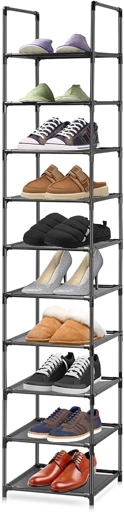 10 Tier Shoe Rack, Metal Shoe Shelf Storage, Tall Vertical Storage Organizer Stand, Home Shoe Tower with Non-Woven Fabric for Narrow Space, Cloakroom, Entryway, Grocery Room (Black)