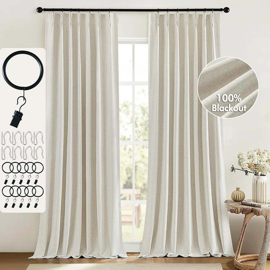 MIULEE 100% Blackout Curtains for Bedroom 96 Inch Long 2 Panels Set-Pinch Pleat/Back Tab/Clip Rings Cream Black Out Linen Curtain for Living Room Darkening Triple Pleated Drapes with Hooks, Natural